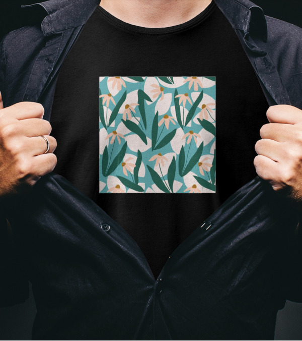 Colorful Floral Patterns With Leaves And White Pink Blossoms T-Shirt