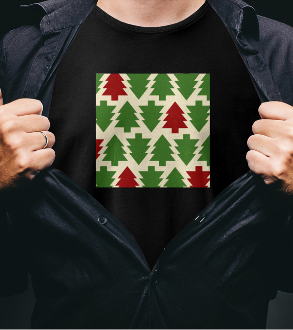 Christmas Tree Pattern Green Red Block T-Shirt