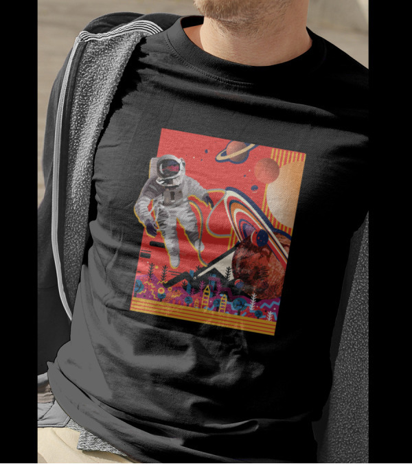 Floating Astronaut In Colorful Outer Space With Planets And Rings T-Shirt