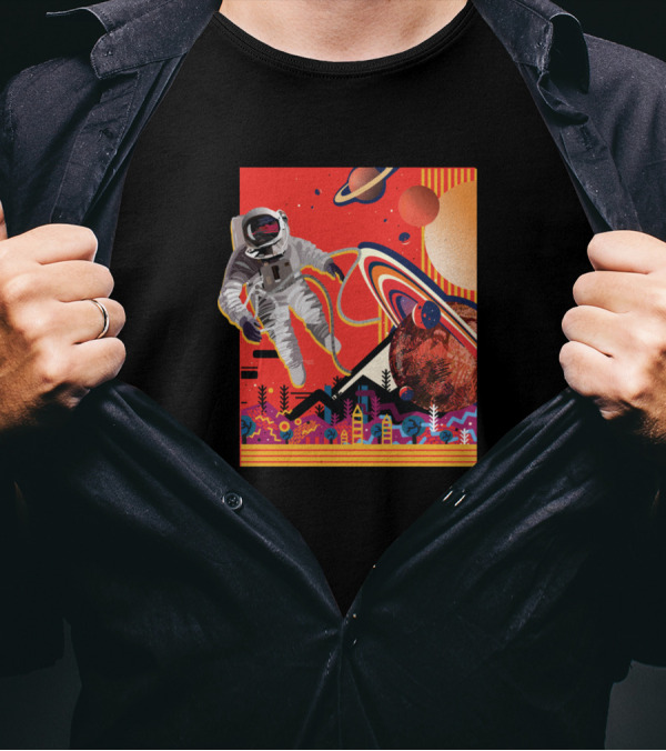 Floating Astronaut In Colorful Outer Space With Planets And Rings T-Shirt