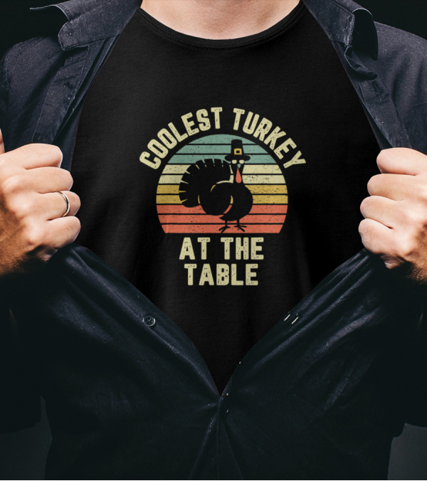 Coolest Turkey At The Table Retro Sunset Thanksgiving T-Shirt