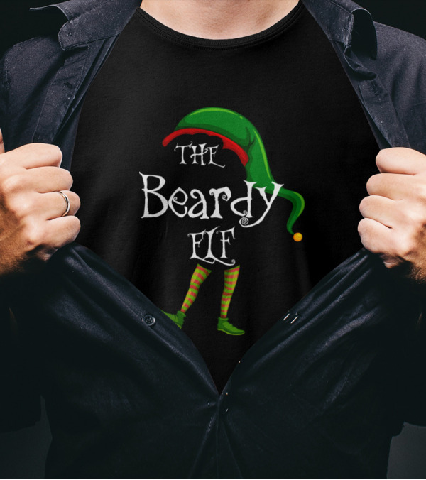 The Beardy Elf Green Striped Santa Hat And Shoes Festive T-Shirt