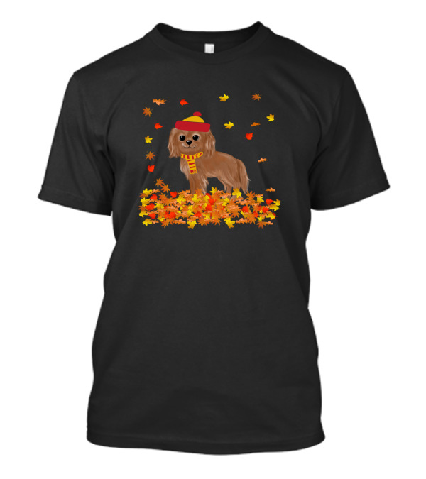 Ruby Cavalier King Charles Spaniel With Hat And Scarf In Autumn Leaves T-Shirt