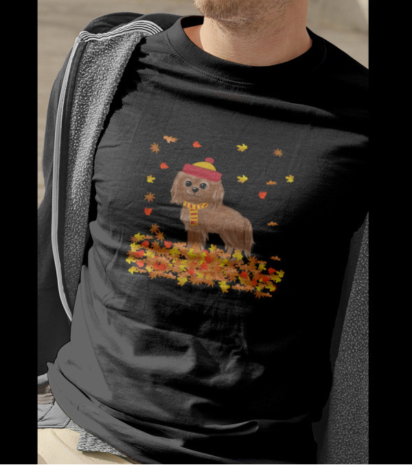 Ruby Cavalier King Charles Spaniel With Hat And Scarf In Autumn Leaves T-Shirt