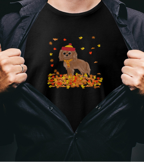 Ruby Cavalier King Charles Spaniel With Hat And Scarf In Autumn Leaves T-Shirt