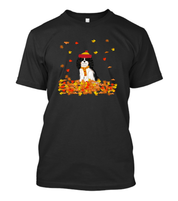 Tri Color Cavalier King Charles Spaniel With Scarf And Hat Surrounded By Falling Autumn Leaves T-Shirt