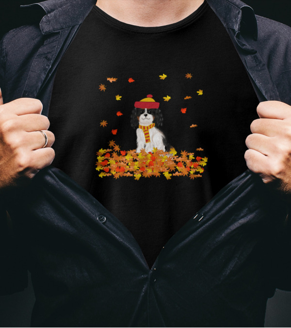 Tri Color Cavalier King Charles Spaniel With Scarf And Hat Surrounded By Falling Autumn Leaves T-Shirt