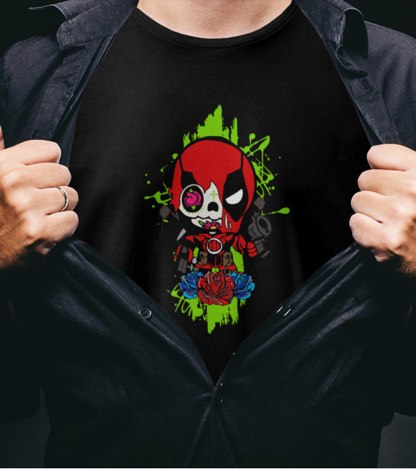 Mr Pool Sugar Skull Deadpool Holding Guns Roses Day Of The Dead T-Shirt