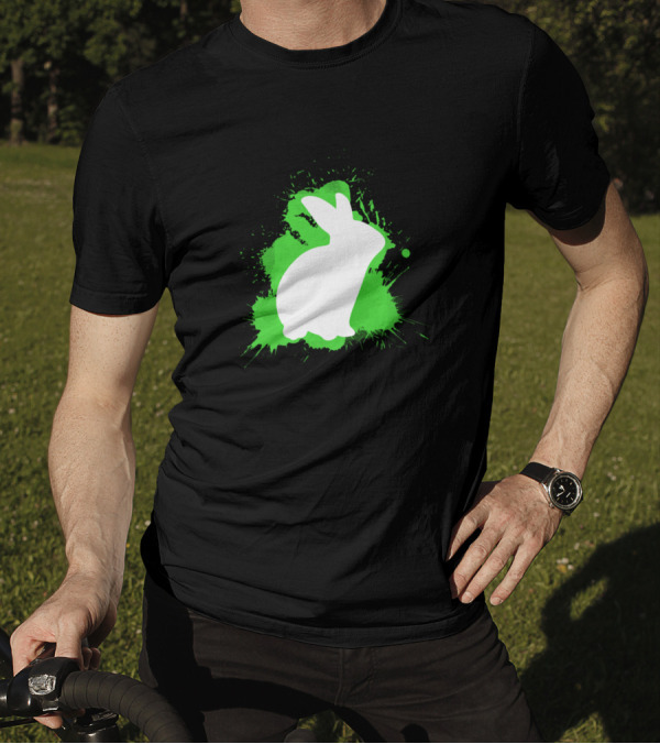 Rabbit Stand Ears Rabbit Teeth Rabbit Holder Easter Silhouette On Green Splash T-Shirt