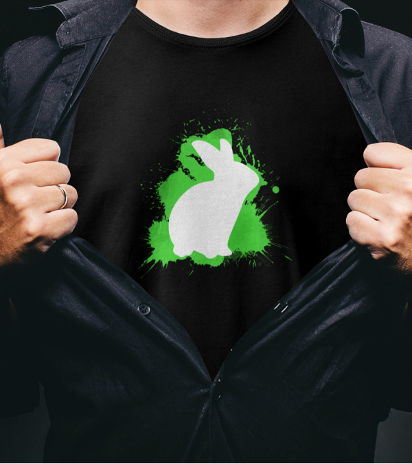 Rabbit Stand Ears Rabbit Teeth Rabbit Holder Easter Silhouette On Green Splash T-Shirt