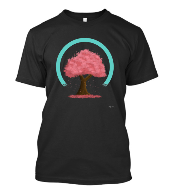 Simple Cherry Blossom Tree With Falling Leaves And Teal Circle Ver T-Shirt