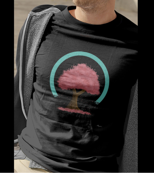 Simple Cherry Blossom Tree With Falling Leaves And Teal Circle Ver T-Shirt