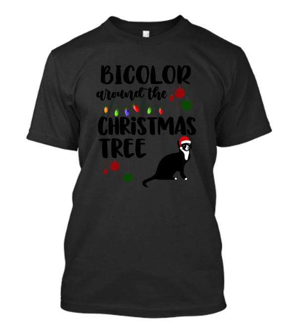 Bicolor Around The Christmas Tree Cat With Lights And Ornaments T-Shirt