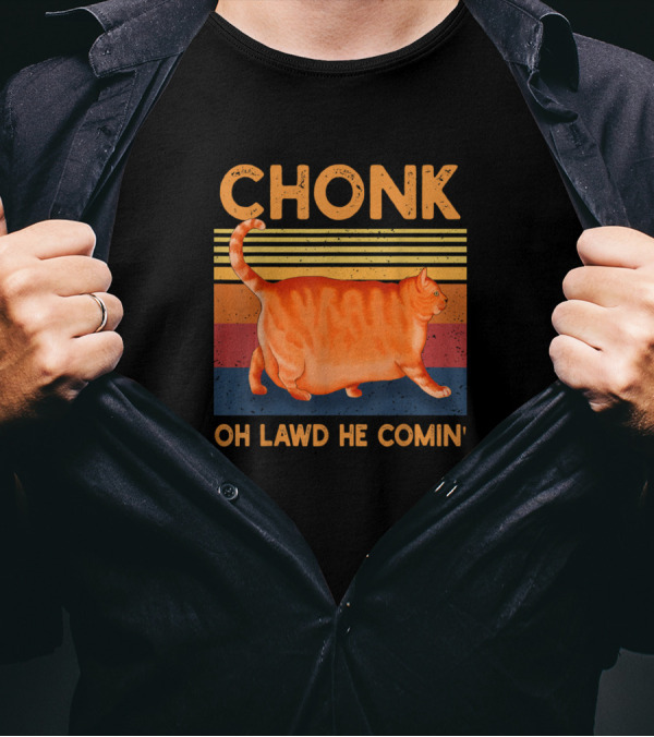 CHONK Cat Oh Lawd He Comin Funny Chonk Cat Meme Retro Stripes T-Shirt