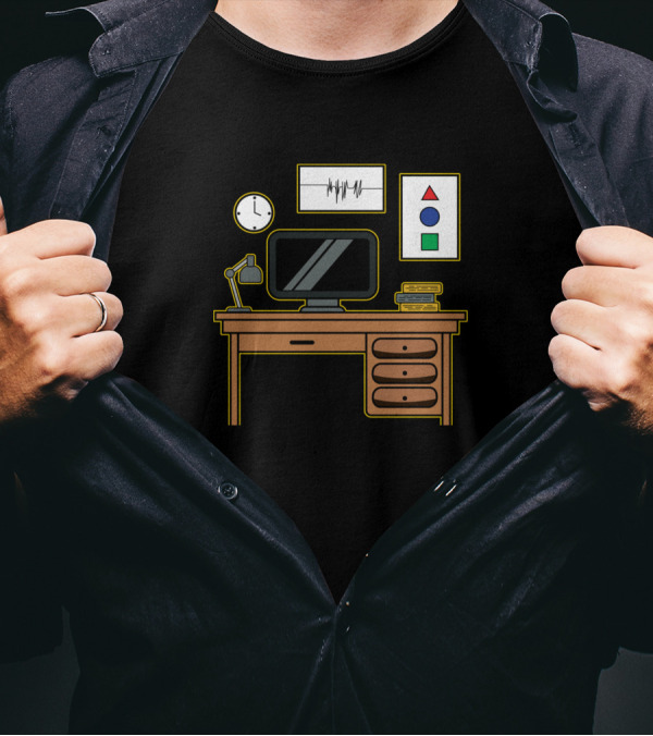 Computer Desk With Monitor, Lamp, Clock And Geometric T-Shirt