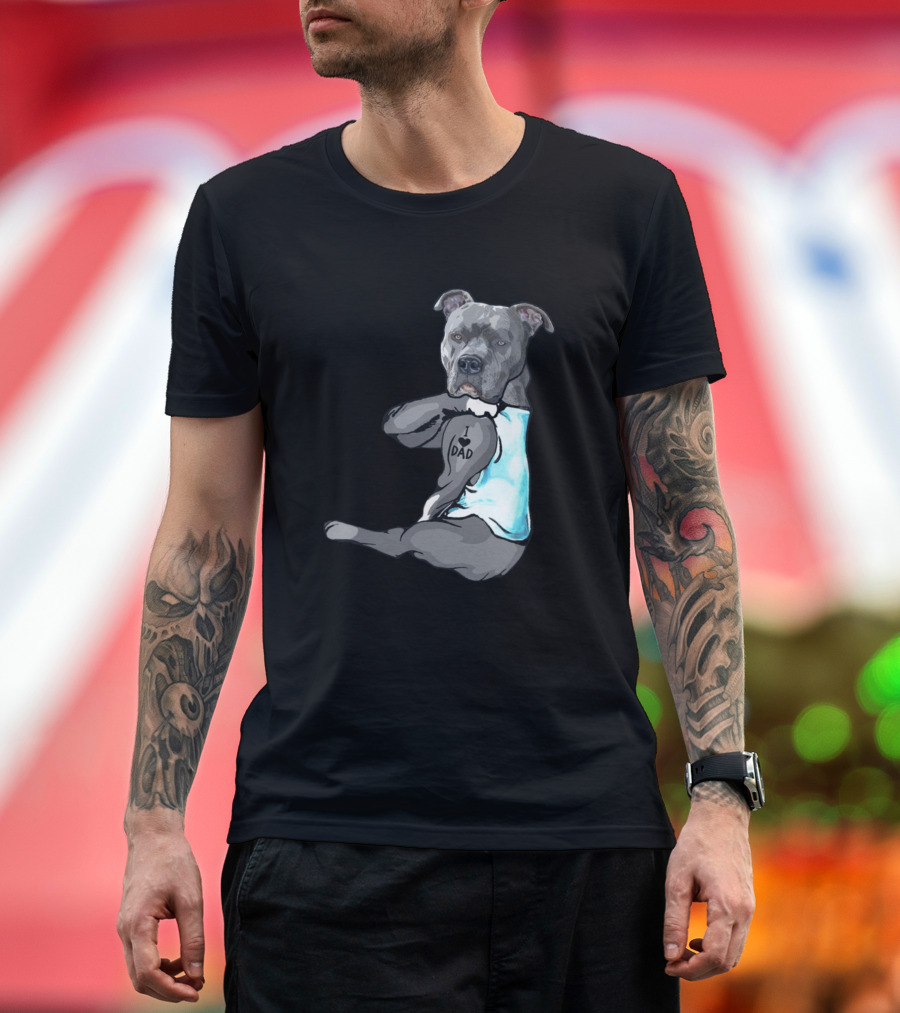 Funny Pitbull I Love Dad Tattoo Dog T-Shirt