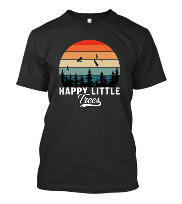 Happy Little Trees Bob Style Vintage Forests Earth Retro Sunset Bird T-Shirt