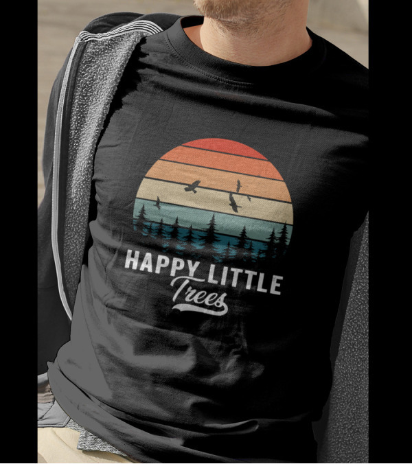 Happy Little Trees Bob Style Vintage Forests Earth Retro Sunset Bird T-Shirt