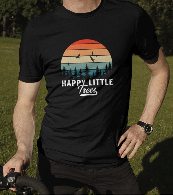 Happy Little Trees Bob Style Vintage Forests Earth Retro Sunset Bird T-Shirt