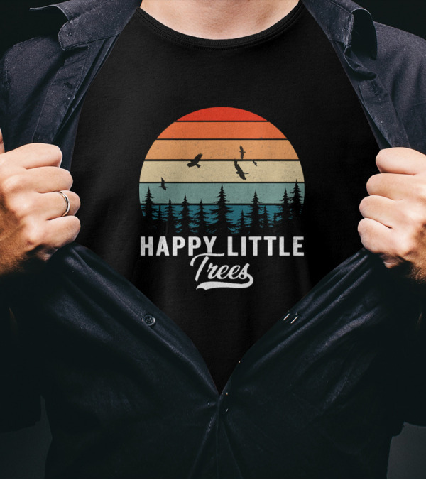 Happy Little Trees Bob Style Vintage Forests Earth Retro Sunset Bird T-Shirt