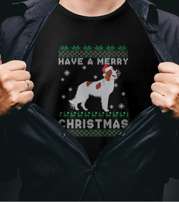 Have A Merry Christmas Irish Red And White Setter With Santa Hat Snowflakes And Festive T-Shirt