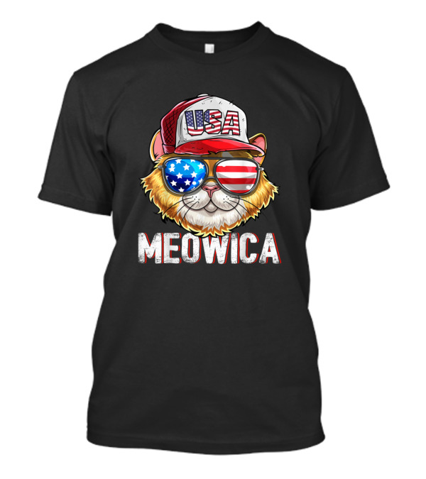 Meowica USA American Flag Cat 4th Of July Hat Glasses T-Shirt
