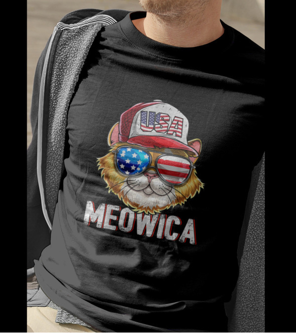 Meowica USA American Flag Cat 4th Of July Hat Glasses T-Shirt