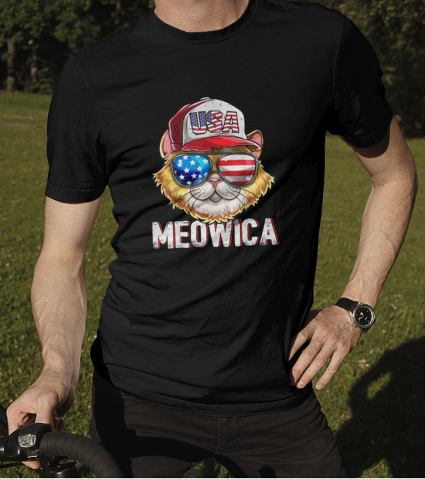 Meowica USA American Flag Cat 4th Of July Hat Glasses T-Shirt