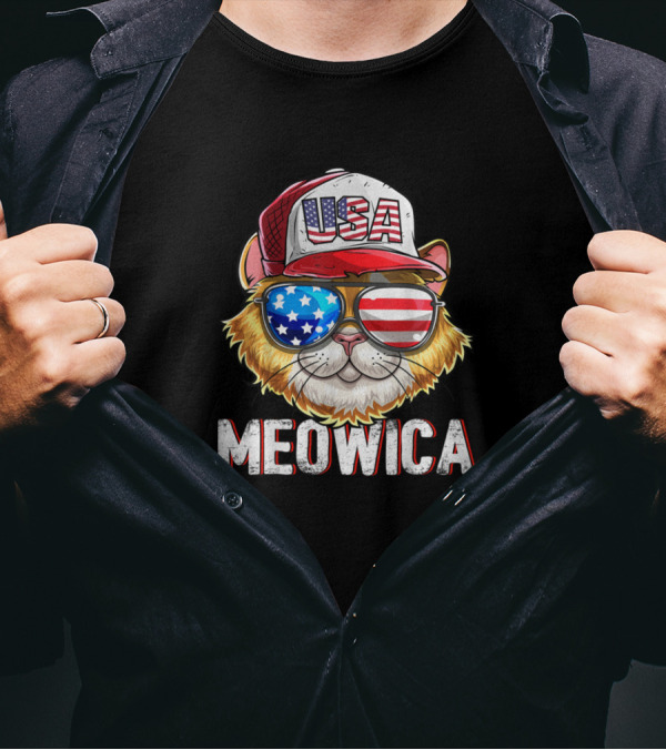 Meowica USA American Flag Cat 4th Of July Hat Glasses T-Shirt