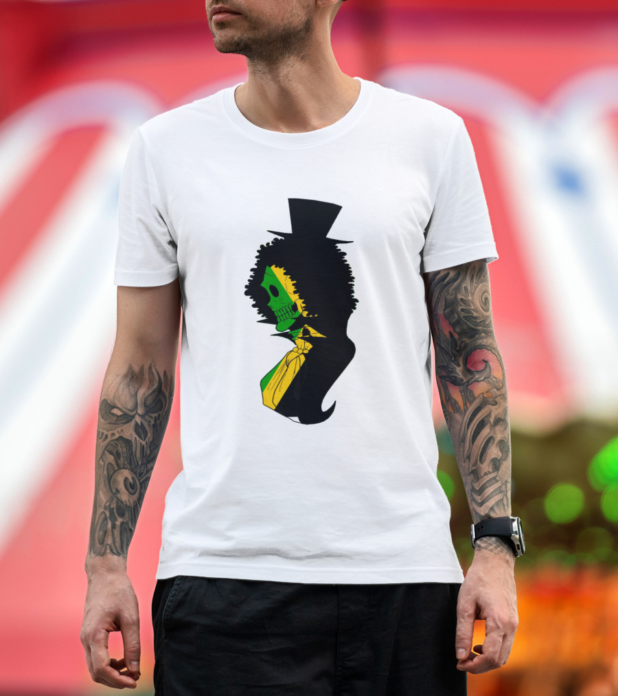 Jamaican Skull Top Hat Silhouette with Afro and Tie in Green Gold and Black T-Shirt