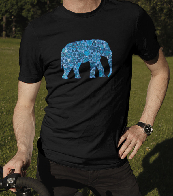 Elephant Covered In Blue Snowflakes And Floral T-Shirt