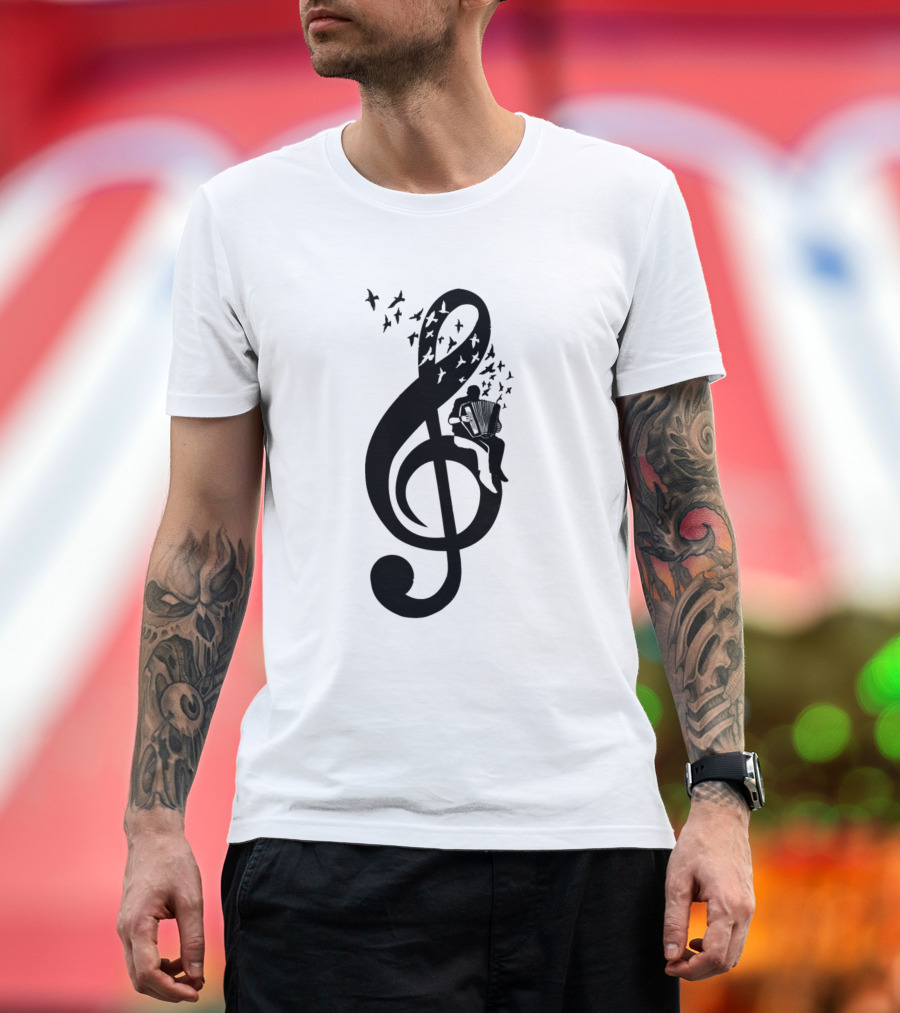 Accordion Player on Treble Clef with Flying Birds T-Shirt