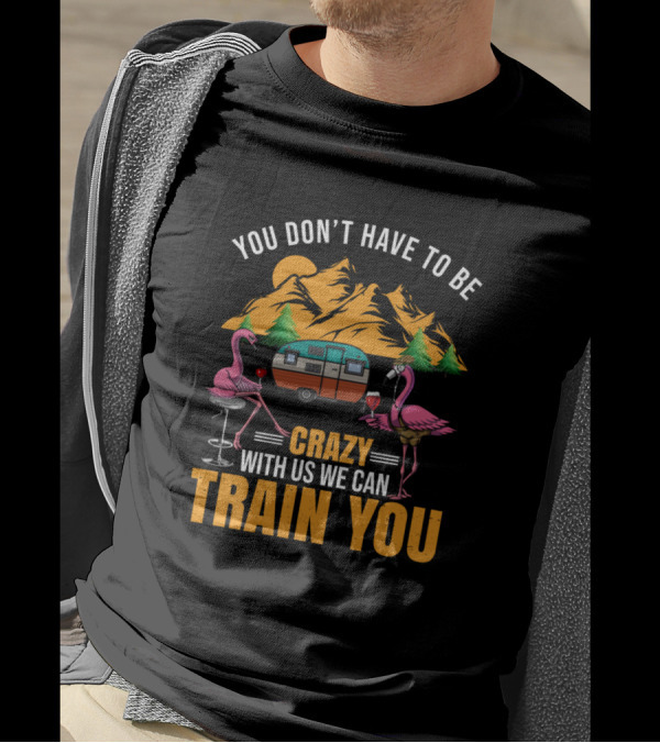 You Don't Have To Be Crazy With Us We Can Train You Flamingos Camper Mountains Wine T-Shirt