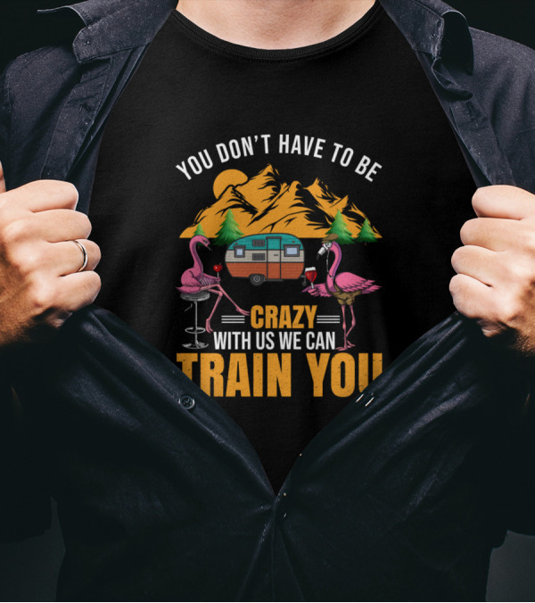 You Don't Have To Be Crazy With Us We Can Train You Flamingos Camper Mountains Wine T-Shirt