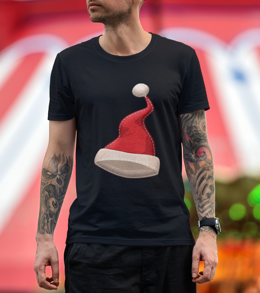 Santa Claus Hat Festive Holiday Red White Trim Stitched Details T-Shirt