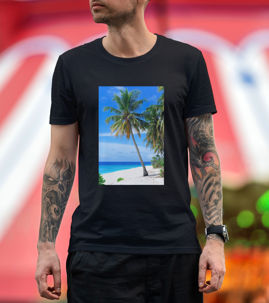 Palm Tree By Tropical Beach Ocean Shore Blue Sky T-Shirt