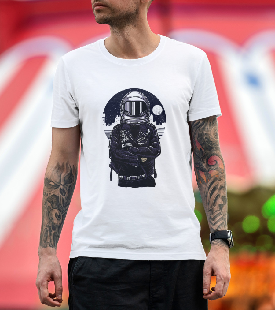 Rebel Astronaut Cosmonaut Spaceman Space Adventure with Moon Background T-Shirt