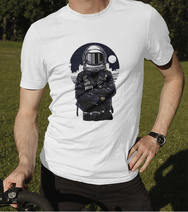 Rebel Astronaut Cosmonaut Spaceman Space Adventure With Moon Background T-Shirt
