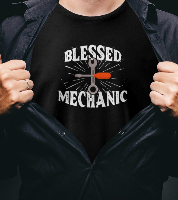 Blessed Mechanic Garage Tools Cross Wrench Christian Humor T-Shirt