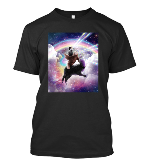 Space Cat With Laser Eyes On Sloth Riding Llama In Rainbow Galaxy T-Shirt