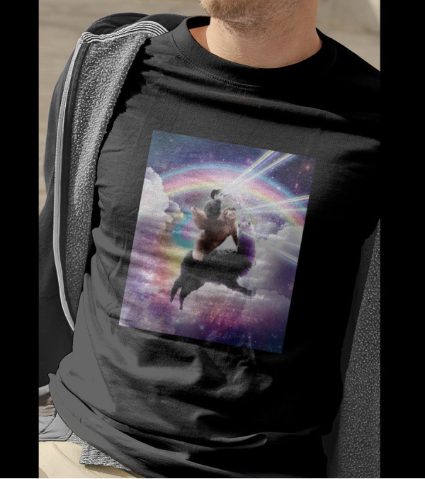 Space Cat With Laser Eyes On Sloth Riding Llama In Rainbow Galaxy T-Shirt