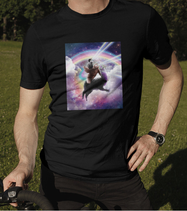 Space Cat With Laser Eyes On Sloth Riding Llama In Rainbow Galaxy T-Shirt