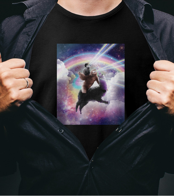 Space Cat With Laser Eyes On Sloth Riding Llama In Rainbow Galaxy T-Shirt