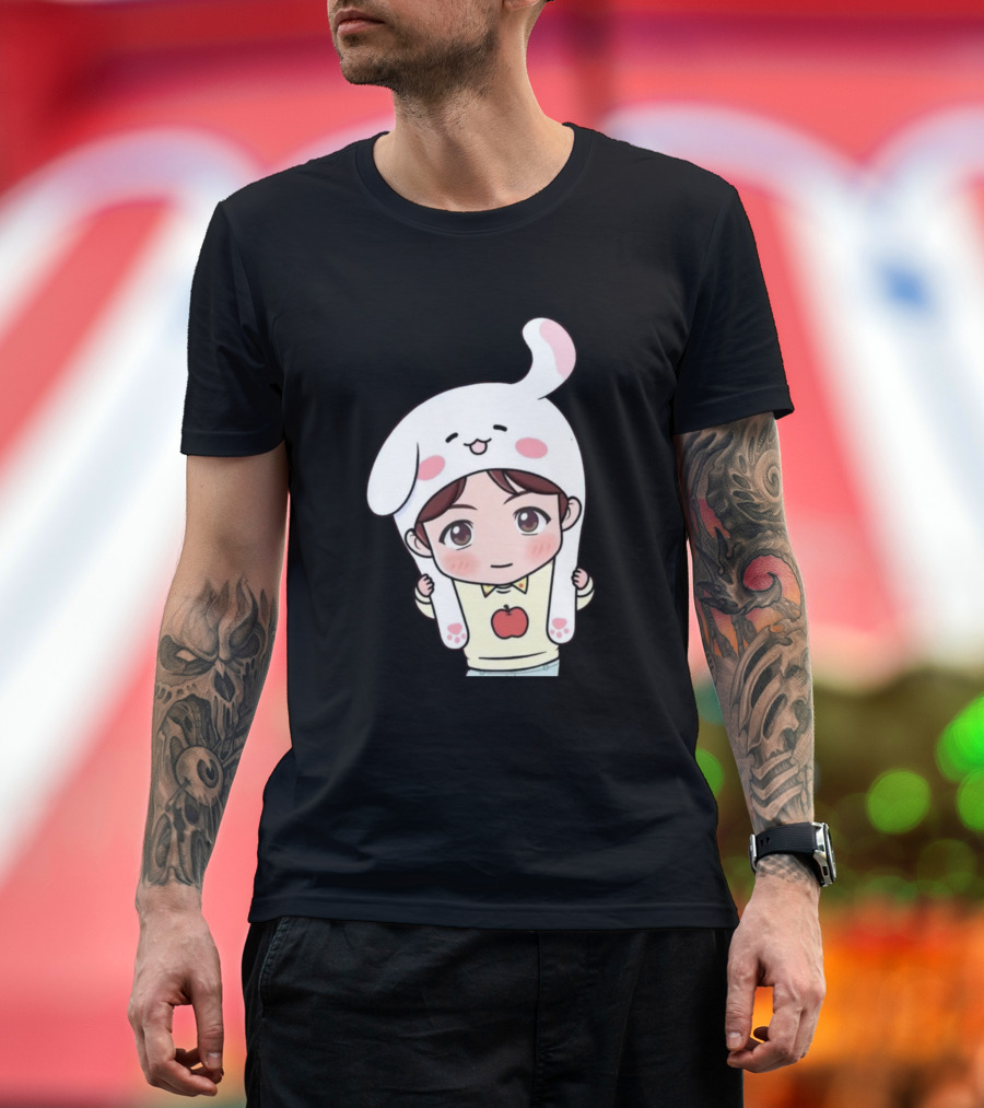 Suga BTS Cute Character with Bunny Hat and Apple T-Shirt