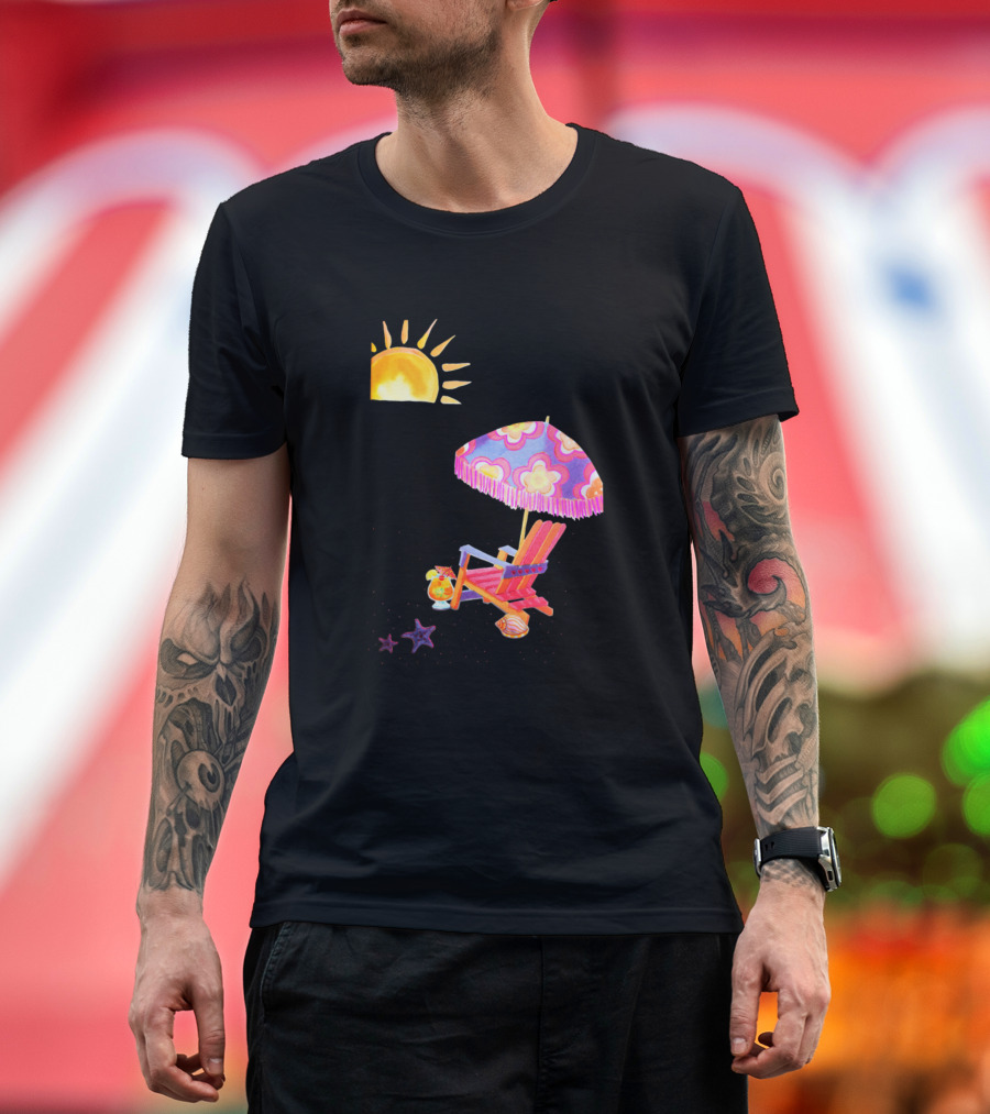 Time to Hit the Beach Sun Lounger with Colorful Beach Umbrella and Ocean Breeze T-Shirt