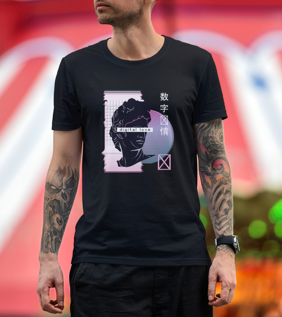 Vaporwave Digital Love Aesthetic with Japanese Characters and Classical Bust T-Shirt