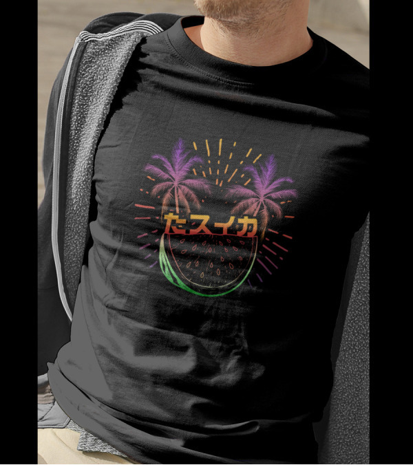 Aesthetic Synthwave Watermelon Palm Tree Japanese Text T-Shirt