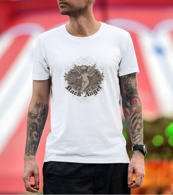 Premium T-Shirt: Dark Angel Skull Infant with Wings Surrounded by Ravens and Floral Motif T-Shirt Dark Angel Skull Infant with Wings Surrounded by Ravens and Floral Motif T-Shirt