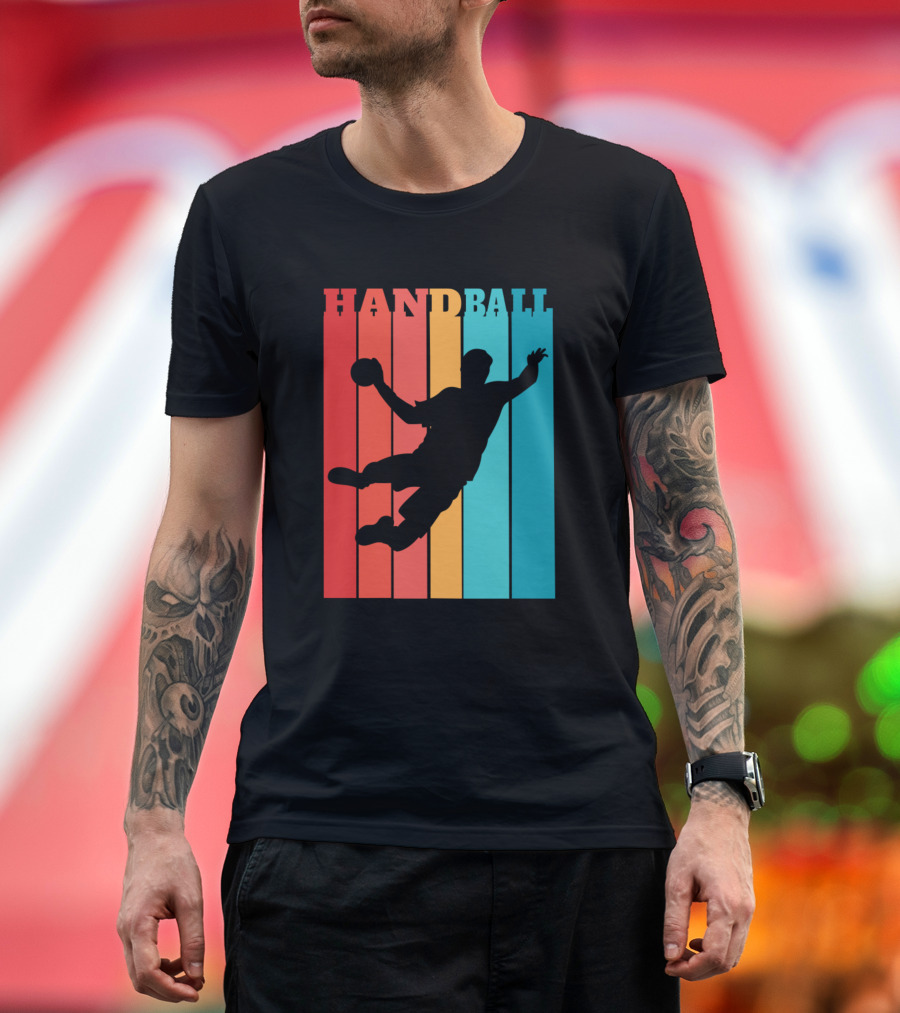 HAND BALL Player Silhouette Retro Vertical Stripes T-Shirt