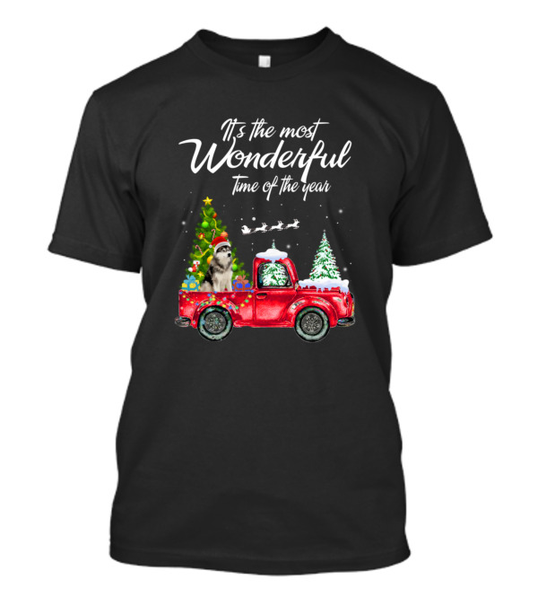 Its The Most Wonderful Time Of The Year With Truck Christmas Tree Dog Santa Hat T-Shirt